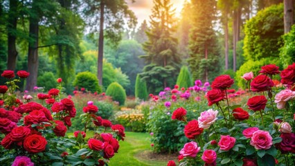 Fototapeta premium A lush rose garden backdrop with vibrant red and pink roses in a serene natural setting surrounded by tall trees and soft greenery , stunning, roses