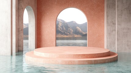 Minimalist peach platform in water, arched windows show mountain lake view.