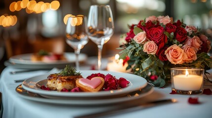 Romantic Valentine's Day dinner, restaurant setting, candlelight, roses
