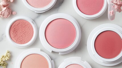 Fototapeta premium Soft glow powder blushes in shades of pink and peach on a marble table.