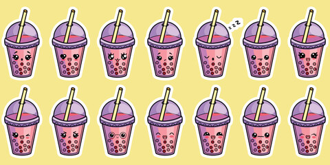 A large set of bubble tea stickers. Various emotions in Kawaii style. Vector illustration of cute characters