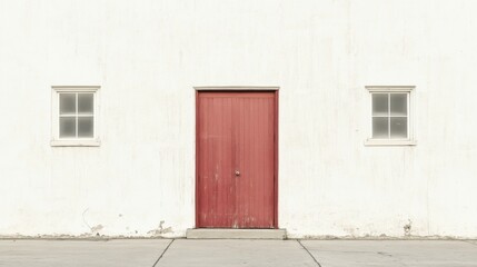 Red door on a whitewashed wall with two small windows.