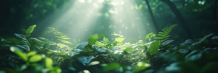 Fototapeta premium Enchanted Forest: Sunbeams Through Lush Greenery