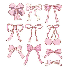 Hand drawn design with vintage coquette ribbon bow doodle retro pink vector isolated on white background