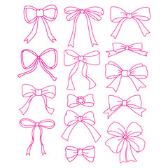Hand drawn design with vintage coquette ribbon bow doodle retro outline vector isolated on white background