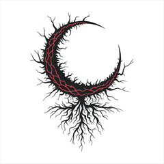 Moon with Tree Roots Illustration Dark and Ethereal Vector Art for Gothic, Mystical, and Occult Designs