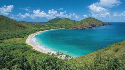 Obraz premium Tranquil beach with clear turquoise waters, soft white sand, and gentle waves lapping the shore.