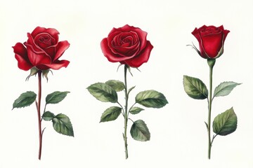 Fototapeta premium red roses with green leaves elegant botanical art