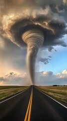 Tornado formation near open road tornado alley nature photography dramatic atmosphere wide angle weather phenomenon