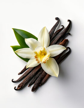 vanilla flower with pods and leaves