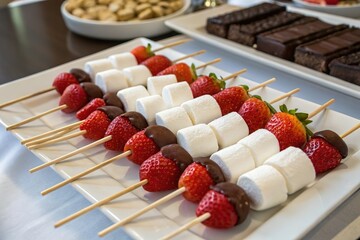 Strawberry and marshmallow skewers with chocolate. Party dessert