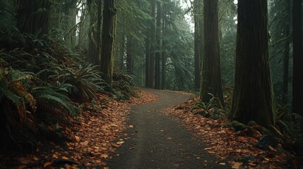 Obraz premium Winding dirt trail cutting through a dense forest with fallen leaves scattered on the ground.