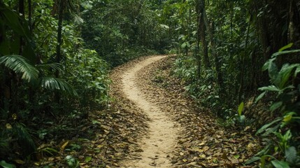 Obraz premium Winding dirt trail cutting through a dense forest with fallen leaves scattered on the ground.