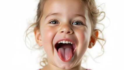 Close-up portrait of a cheerful little girl with a wide open mouth, radiating pure joy and playful innocence, ideal for children's content or any occasion calling for a lighthearted mood