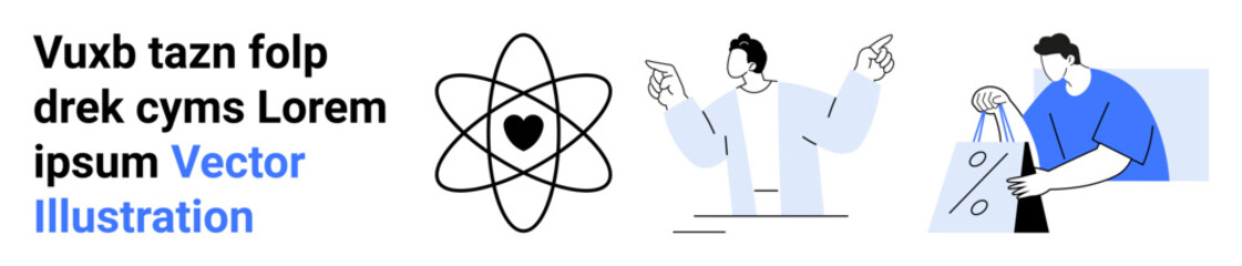 Heart inside atomic symbol, person addressing crowd, individual holding shopping bags. Ideal for science, technology, education, love, communication presentations shopping. Landing page