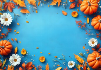 Vibrant Autumn Background with Colorful Leaves, Pumpkins, and White Flowers on a Bright Blue Surface Perfect for Seasonal Themes and Creative Projects