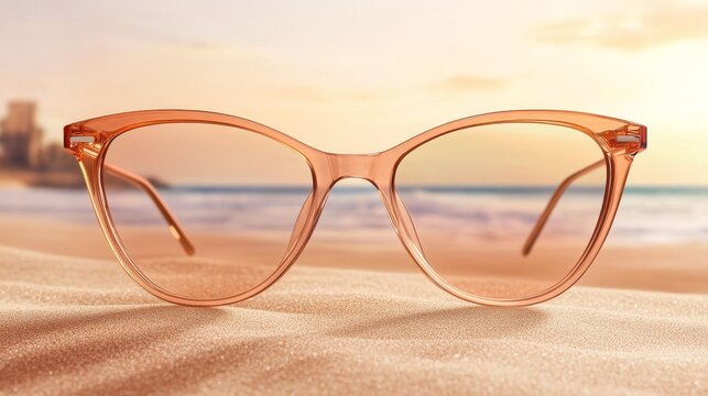 Retro-inspired eyeglasses featuring a picturesque sunset over a coastal landscape, the lenses casting a warm, hazy glow.