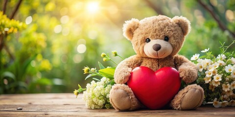 Cuddly teddy bear wrapped in a warm hug with a big heart, surrounded by flowers and greenery, conveying affection and tenderness