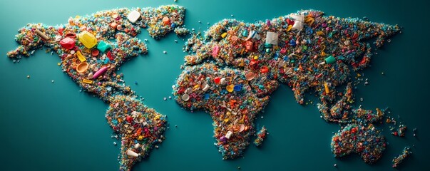 Global environmental issue of microplastic pollution depicted by colorful plastic debris forming world map, highlighting the ecological impact on Earth, Generative AI