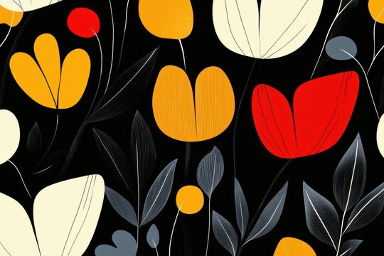 Abstract floral pattern with bold colors on black background