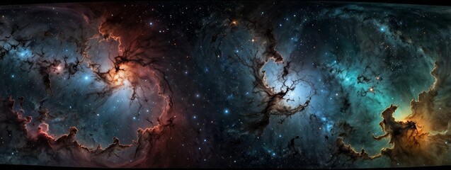 360-degree space panorama featuring luminous nebulae and stars ideal for an equirectangular HDRI projection 