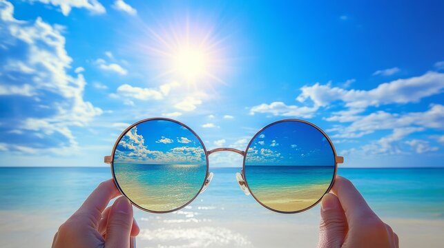 Sun-kissed hand holding trendy circular sunglasses, enabling a view of the calming seascape and radiant sky through the polarized lenses