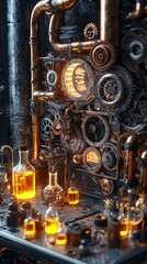 Intricate steampunk laboratory filled with glowing liquids and complex machinery at dusk