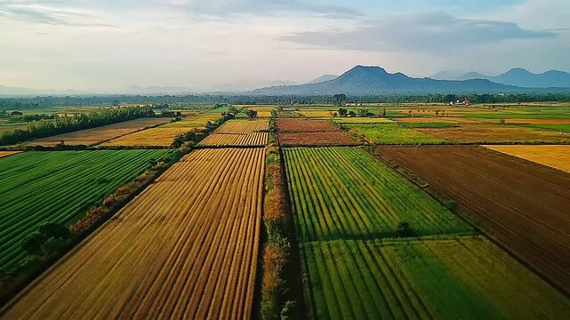 Aerial View of Diverse Agricultural Fields and Distant Mountains