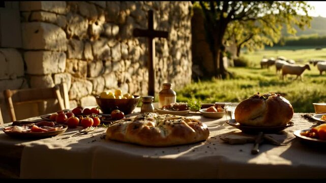 Traditional Easter Feast: Folar da P&aacute;scoa Bread and Rustic Charm in a Pastoral Setting