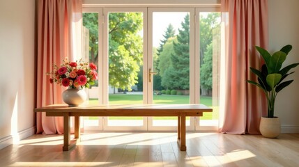 Sunlit Interior Scene Featuring a Wooden Coffee Table, a Vase of Flowers, and Lush Greenery