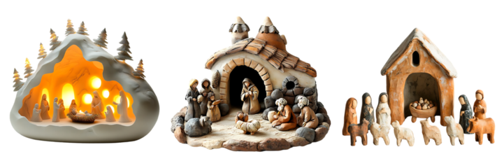 Three Unique Nativity Scenes Illuminated Cave, Rustic Stable, and Shepherd's Shelter set isolated on transparent background