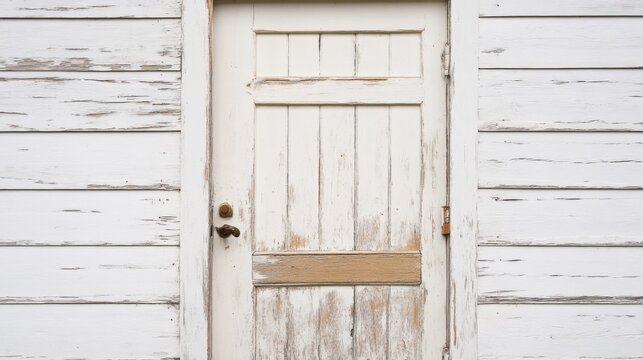 Weathered white wooden door on aged clapboard siding.