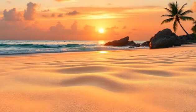Tropical beach at sunset with orange sky and smooth sand texture and ocean view
