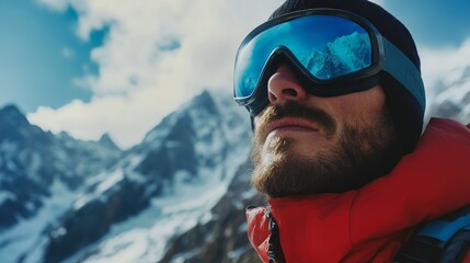 Intrepid outdoorsman, his face partially obscured by reflective blue goggles, stands steadfast in the foreground of a majestic, snow-capped mountain vista, his rugged appearance and resolute