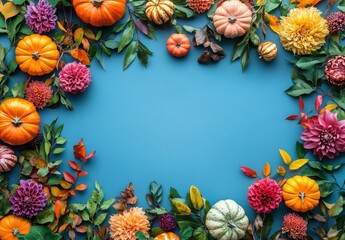 Vibrant Autumn Decorations with Colorful Pumpkins and Fresh Flowers Framed Against a Bright Blue Background for Seasonal Celebrations and Events