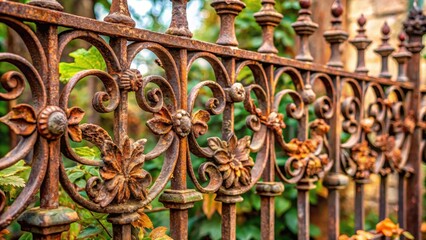 Fototapeta premium Rusty cast iron fence with ornate metalwork and vines, vintage style, metal art