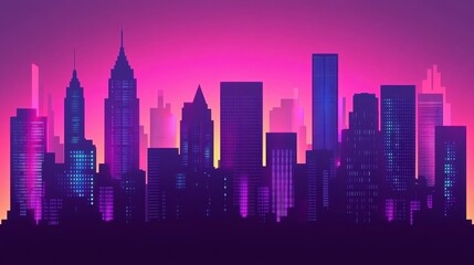 Naklejka premium Neon Cityscape Silhouette at Twilight Glowing Buildings