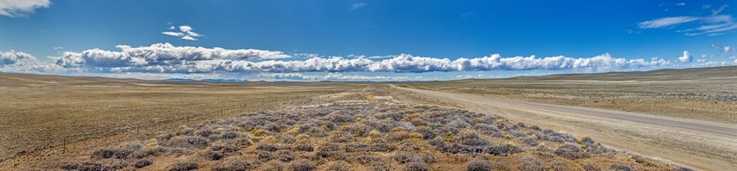 Panoramic view of a road cutting through the vast Argentinian steppe in Patagonia with golden light