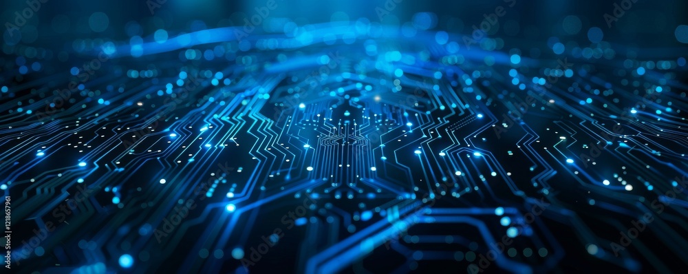 Poster The hightech blue circuit board illustration with glowing elements symbolizes advanced technology, electronics, and data flow, reflecting a futuristic and innovative approach in design