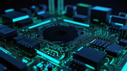 Fototapeta premium Neon-Lit Computer Motherboard with Circuit Tracks and Chips