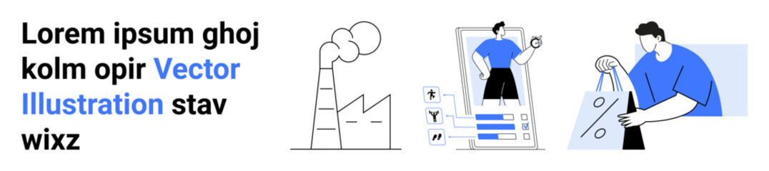 Factory emitting smoke, person interacting with marketing dashboard, individual shopping with bags. Ideal for industrial processes, digital analytics, e-commerce, marketing strategies, consumer