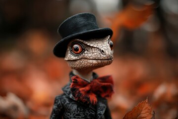 Lizard wearing top hat bow tie in autumn setting