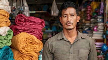 Family business owner engaging with customers at local fabric store community hub portrait vibrant environment