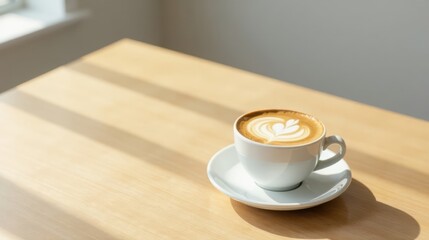 Aromatic Coffee Drink in a White Cup on a Sunny Wooden Table