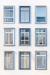Nine windows of varying designs on a white building exterior creating a geometric pattern