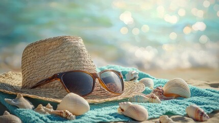 Serene beach scene with a wide-brimmed straw hat, sunglasses, and seashells scattered on a turquoise towel, set against a blurred, sun-dappled background evoking a tranquil summer day.