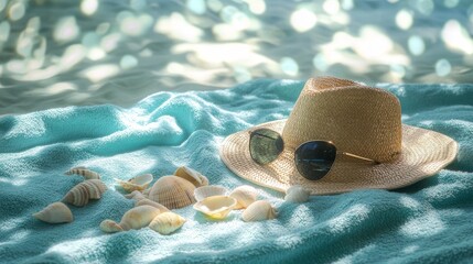 Serene beach scene with a wide-brimmed straw hat, sunglasses, and seashells scattered on a turquoise towel, set against a blurred, sun-dappled background evoking a tranquil summer day.