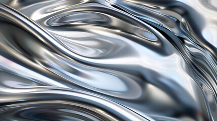 Abstract silver metallic liquid flow with iridescent highlights, generative ai