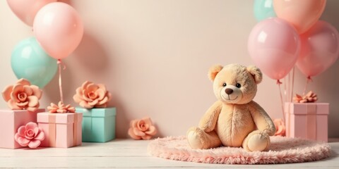 Adorable Teddy Bear Amidst Pastel Balloons and Gifts for a Festive Celebration