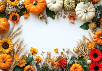 Vibrant Autumn Harvest Display with Colorful Pumpkins, Seasonal Flowers, and Natural Elements on White Background Perfect for Fall-Themed Decor and Celebrations